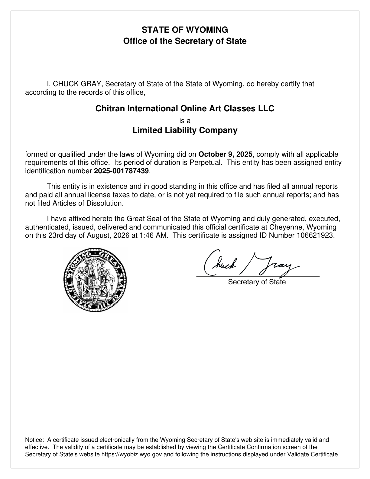Chitran International Online Art Classes LLC Receives Wyoming Certificate of Good Standing