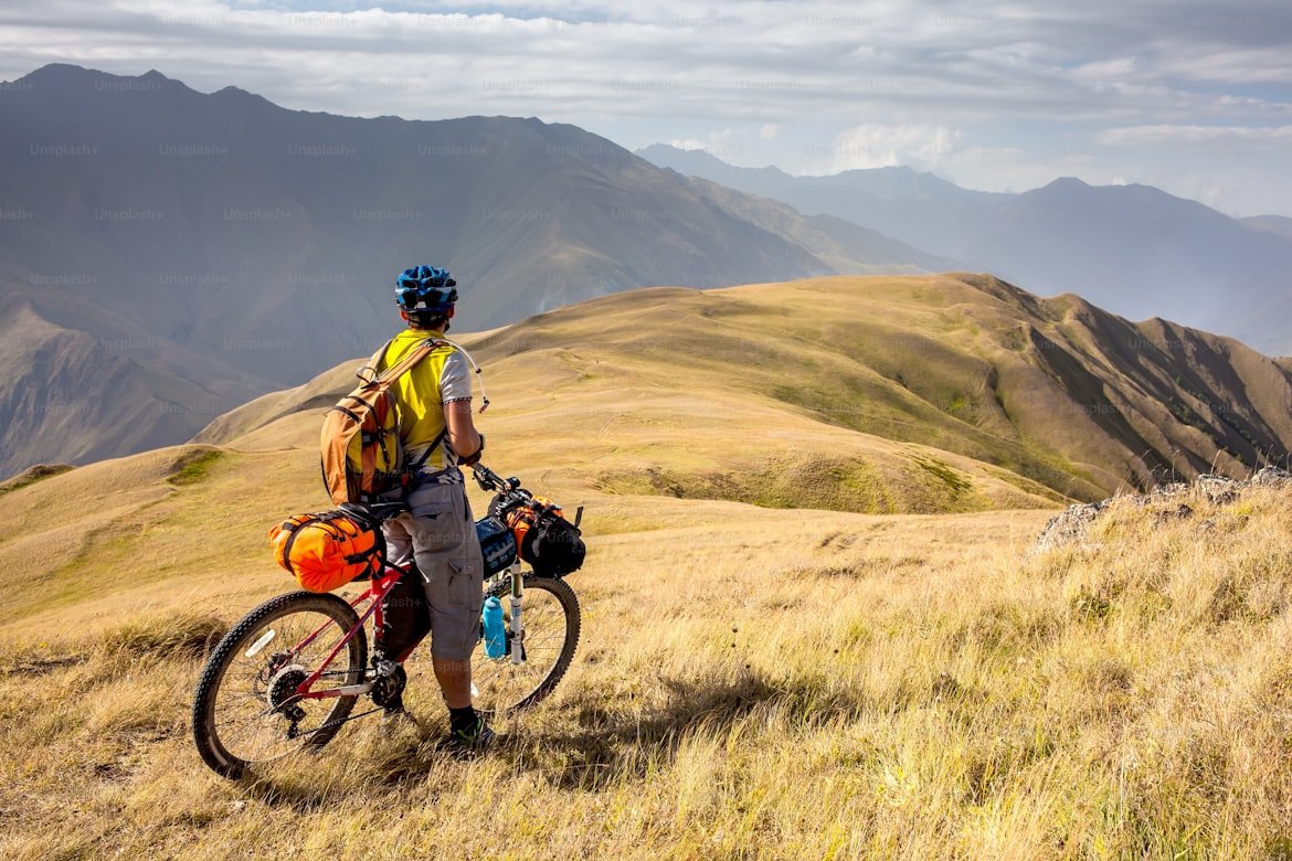 Cyclist overlooking a wide mountain landscape during a summer journey